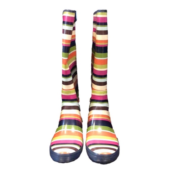 COACH Multi Stripe Mid Calf Rain Boots w Low Heel and Navy Lining Sz 7 - Picture 2 of 12